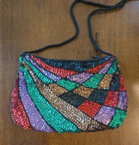 Vintage 90s Colorful Sequin Bead Crossbody Handbag Rainbow Evening Purse Artsy - Picture 1 of 7
