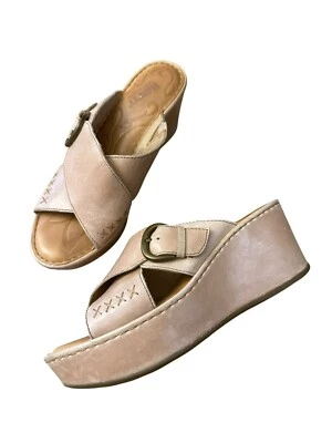 Born Womens Curstyn Wedge Sandals Sz 7 Platform Tan Leather Slides Shoes D89602 - Изображение 1 из 4
