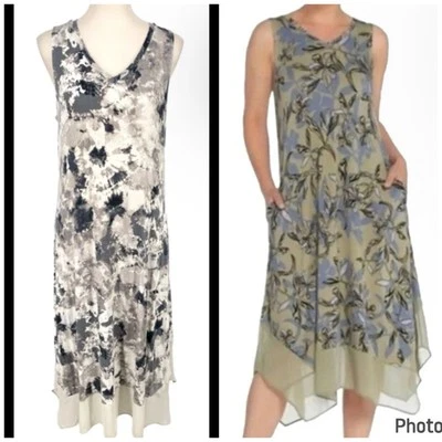 LOGO Vestido midi Lori Goldstein para mujer M sin mangas con ribete de gasa elástico cuello en V Foto 1 de 4