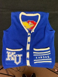 Vintage Kansas Jayhawks KU Cardigan Sweater Double Sided Knit  M Belle Poin - Picture 1 of 3