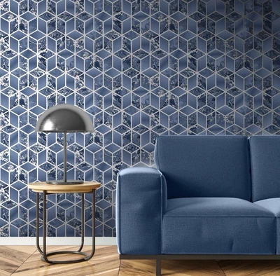 Papel pintado Elixir 3D cubo mármol remolinos metálico azul marino y plata 166512 Muriva Foto 1 de 3
