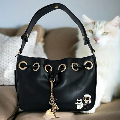Karl Lagerfeld Black Leather Desiree Bag w/ Karl Purse Charm & Choupette Cat NWT - Image 1 of 4