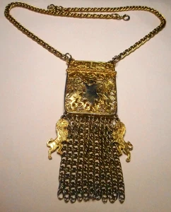 LUCIEN PICCARD C 102N Vtg Goldplated Double Lions Dangling Chains Large Necklace - Bild 1 von 12