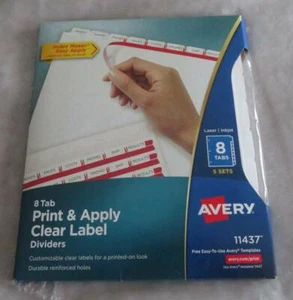 NEW Avery 11437 Print & Apply CLEAR LABEL DIVIDERS 8 Tab 5 Sets Index Maker - Picture 1 of 4
