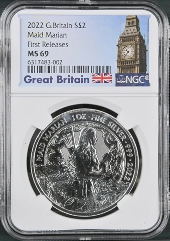 (TOP GRADED NGC MS69) 2022 GREAT BRITAIN SILVER £2 MAID MARIAN Cover