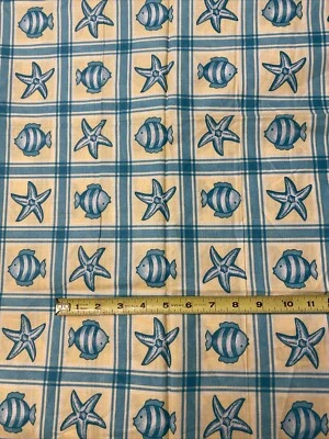 1+ yards of Vintage Fabric Fish and Starfish Theme Cotton Beachy Thailand - Image 1 of 4