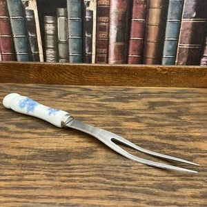 Vtg Utensil Meat Fork Porcelain Handle / Stainless Blue Transfer Ware Heavy 12” - Picture 1 of 13