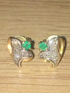 Vintage Hallmarked 14ct Yellow Gold Natural Emerald & Diamond Stud Earrings - Picture 1 of 11