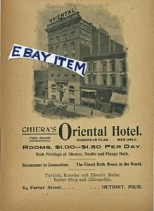 Anuncio 1899 CHIERA'S ORIENTAL HOTEL Detroit Michigan 64 FARRAR Street AD - Imagen 1 de 1
