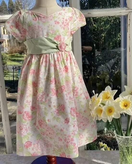 Heavenly! Girls Sz 4T Special Occasion Dress Pink Roses Bow - Image 1 of 4