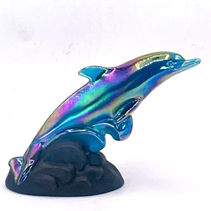 Fenton Dolphin Riding Wave Iridiscente Carnaval Azul Vidrio Ondas Satinadas 7.5" Largo - Imagen 1 de 13