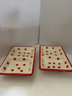 Red Polka Dot , White Doublesided Divided Serving Dishs With Legs Set Of 2 - Image 1 of 4