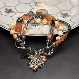 Artisan Hand Crafted TRIPLE Beaded Bracelet Natural Stone, Pearl, Glass Beads 7” - Picture 1 of 17