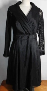 JERRY T. DRESS Black Shawl Collar Party Cocktail Lace Sleeves Women's sz L - Picture 1 of 8