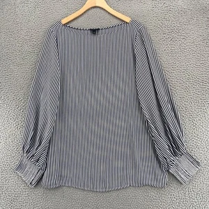 Ann Taylor Top Womens Large Navy Striped Long Bishop Sleeve Knife Pleat Cuffs - Picture 1 of 11