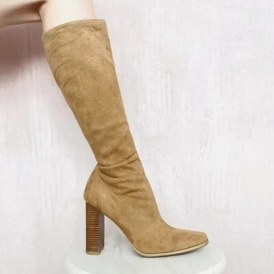 Vintage 90s y2k Candies Bratz Camel Tan Faux Suede Chunky Heel Sock Tall Boots 7 - Image 1 of 4