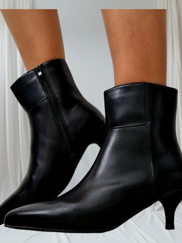 Women Ankle Boots Faux Leather Black Low Heel Kitten Zip Booties Pointed Toe