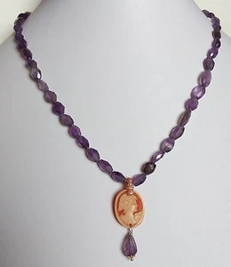 Collana ametista vero cammeo con profilo di dama perle rosa Argento 925 - Foto 1 di 1