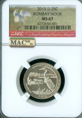 2015 D BOMBAY HOOK QUARTER NGC MS67 PQ ER MAC SPOTLESS * - Image 1 of 2