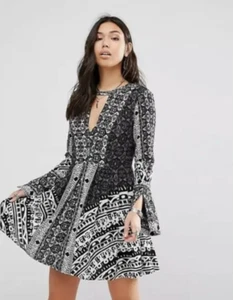 Free People Mini Dress Black Tegan Border Print Rayon Swing Dress Boho sz 0 - Picture 1 of 22
