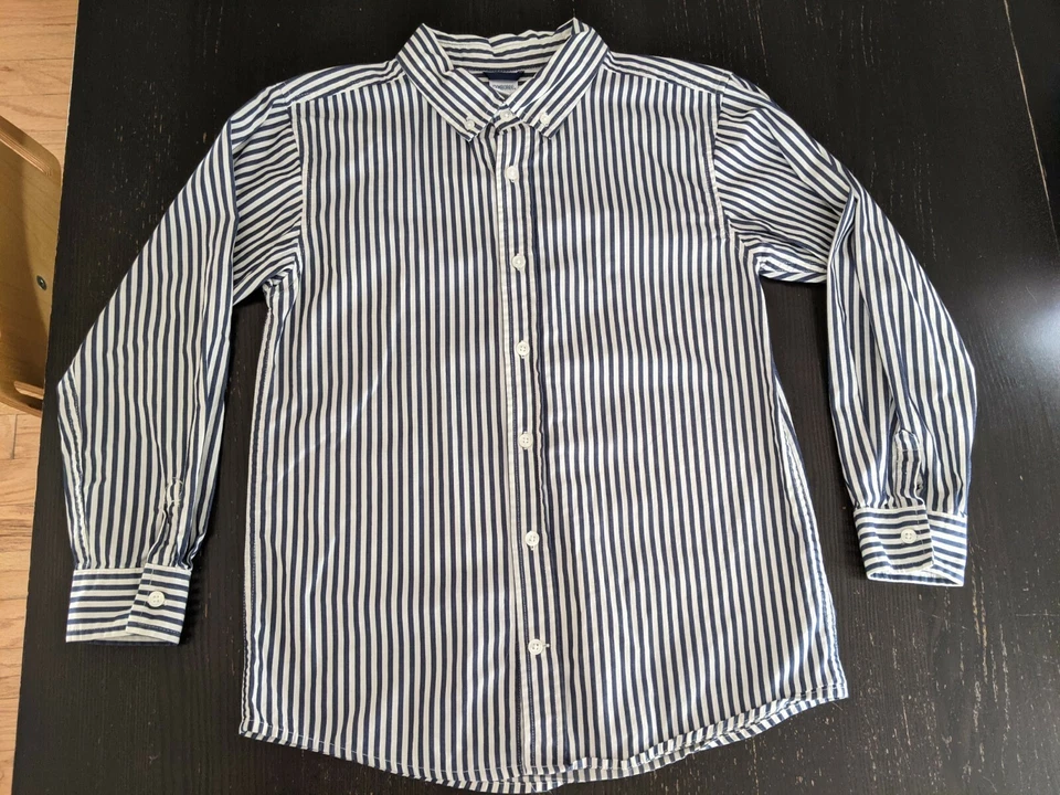 Camisa de manga comprida Gymboree masculina azul marinho e branca listra de giz com botões G(10) - Imagem 1 de 4