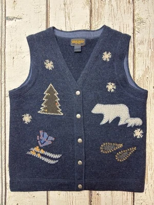 VTG Polar Bear Skiing Stitched Woolrich 9157 Navy Blue Button Up Sweater Vest - Image 1 of 4