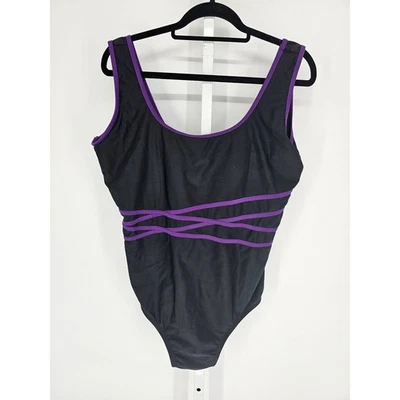 Traje de baño Catalina para mujer talla 2X de una pieza negro con detalle de ribete púrpura Foto 1 de 3