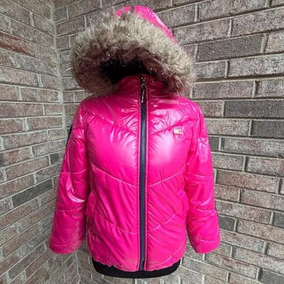 Tommy Hilfiger Niñas Chaqueta Puffer 8/10 Rosa Abrigo con Capucha Borde de Piel Sintética Foto 1 de 4