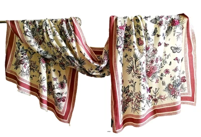 Bufanda Larga Fina 71"x26" Rosa Floral Estampado Mariposa 70% Lana 30% Seda 180x65cm5-9 Foto 1 de 2