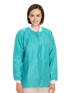 Teal Disposable Lab Jackets, Large - Pack of 50, 45 GSM, Knit Cuffs, 3 Pockets - Picture 1 of 8