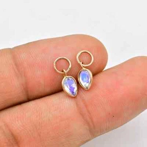 Natural Blue Rainbow Moonstone Cut Gemstone Solid 18k Gold Women Hoop Earrings - Picture 1 of 12