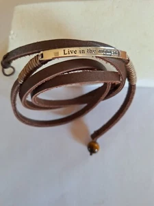 Brown Leather Strap Bracelet With Sterling Silver " Live In The Moment" Bangle - Picture 1 of 5