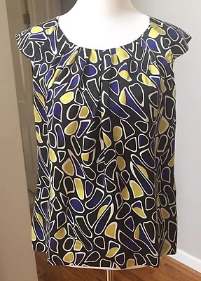 JOSEPHINE CHAUS Talla 6 Negro Azul Amarillo TOP PLISADO Seda Pullover Manga Gorra Foto 1 de 4