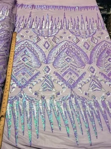 Iridescent Lilac/Holo Silver Stretch Spandex Mesh Sequin Fabric "Aztec Tribal"  - Picture 1 of 7