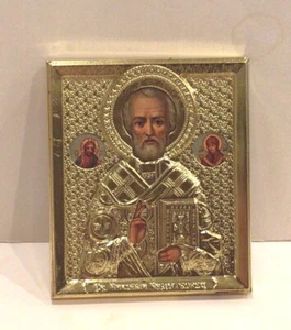 St.Nicholas Icon Made w/out Hands-Gold Metal Frame Russian Icon - 2.75" H - Picture 1 of 3
