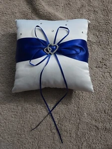 Wedding Ring Barer Pillow Double Hearts Satin Blue Accent  - Picture 1 of 4
