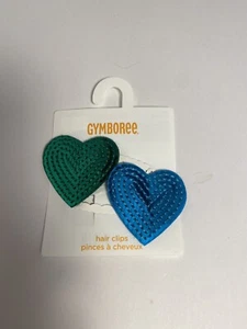 NWT Vtg Gymboree Girls One Sz Sequin Emerald Green & Teal Heart Hair Clips - Picture 1 of 4