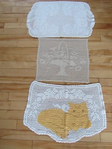 3 VINTAGE HAND CROCHET DOILIES TABLE COVER CAT BASKET OF FLOWERS HOMES - Picture 1 of 7