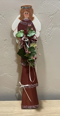 Vintage Handmade Wood Angel w Flowers Country Folk Art Primitive Rustic - Image 1 of 4