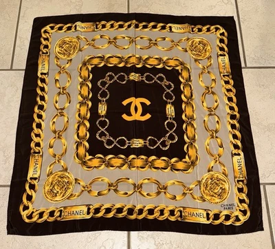 VINTAGE AUTHENTIC CHANEL 31 RUE CAMBON SCARF SILK BROWN GOLD CHAIN MEDALLION - Image 1 of 3