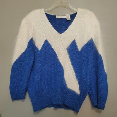 Suéter Vintage Wheeler & Martha Blanco Talla Grande Azul Blanco Acrílico Angora Foto 1 de 4