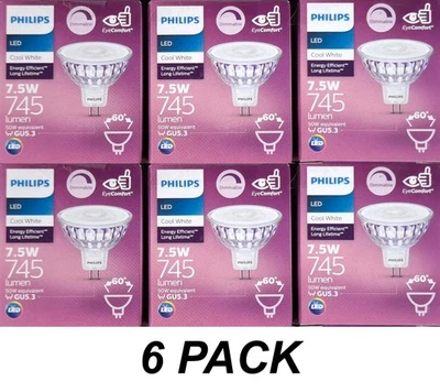 6 x PHILIPS 7.5W DIMMABLE LED MR16 Gu5.3 Light Globes Bulbs Cool White 4000K 12V - Image 1 of 3