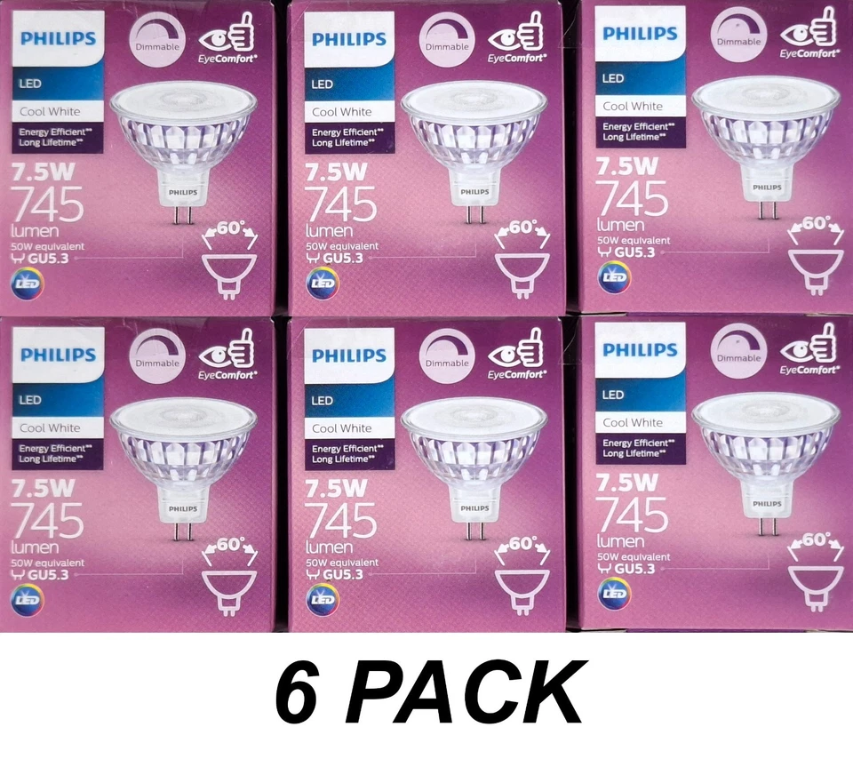6 x PHILIPS 7.5W DIMMABLE LED MR16 Gu5.3 Light Globes Bulbs Cool White 4000K 12V - Image 1 of 3