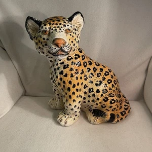 Italian Mid Century Hollywood Regency Glazed Terracotta Leopard Cub Statue 1960’ - Picture 1 of 13