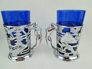 Set of 2Art Deco Cobalt Blue Glass Naked Woman Handle Dragon / Pagoda Design 6oz - Picture 1 of 9