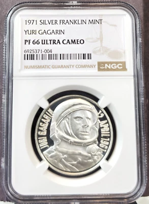 1971 GERMANY SILVER MEDAL YURI GAGARIN COSMONAUT NGC PF 66 ULTRA CAMEO TOP POP 1 - Image 1 of 4