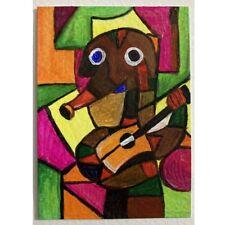 ACEO ORIGINAL PAINTING Mini Art Card Animal Abstract Anteater Playing Guitar