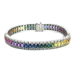 Diamond Gold & Sapphire Rainbow Bracelet 18k White Tennis Style - Picture 1 of 7