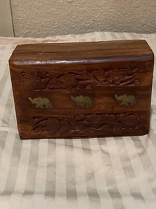 Vintage Hand Carved Wooden Jewelry Box 6"x4"x2.5" w/ Bronze Inlayed Elephants - Picture 1 of 6