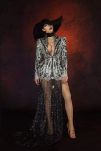 Sexy Long Mesh Dress Shiny Gem Jewels Bling Festival Rave Party Fashion Outfit - Picture 1 of 7